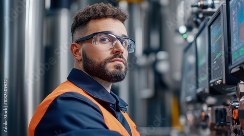 A focused worker in safety gear operates high-tech machinery in an industrial setting, showcasing professionalism and attention to detail.