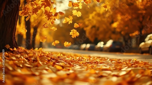 A serene autumn scene with falling leaves and a quiet street lined with parked cars.