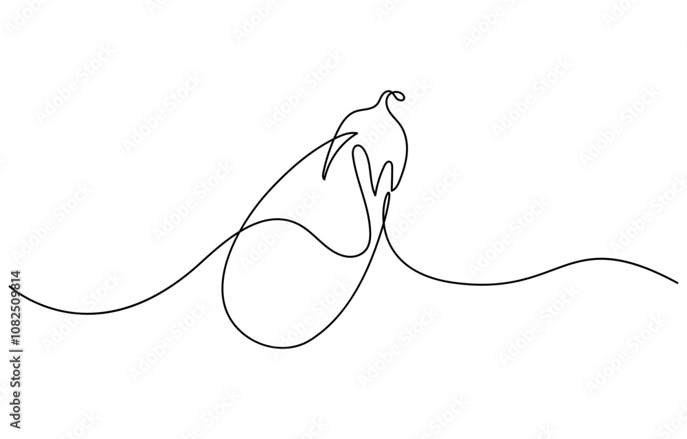 Obraz premium Continuous one line drawing whole healthy organic eggplant for harvesting logo identity. Fresh tropical perennial plant concept for vegetable icon. Continuous line drawing eggplant illustration
