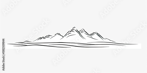 Drawing of a serene mountain landscape sea sand with trees