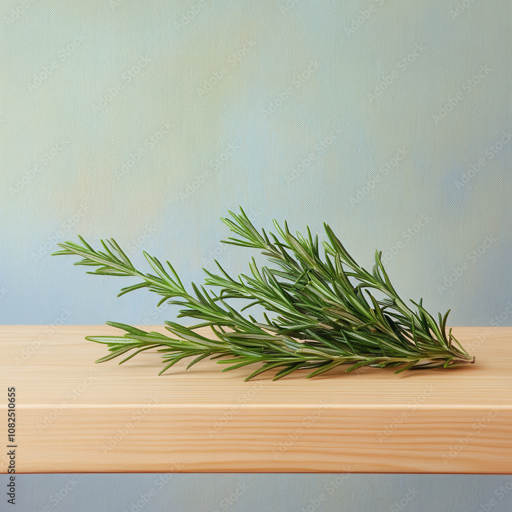 Fresh rosemary sprig on wooden table against soft blue background, evoking sense of tranquility and natural beauty. Perfect for culinary or decorative use