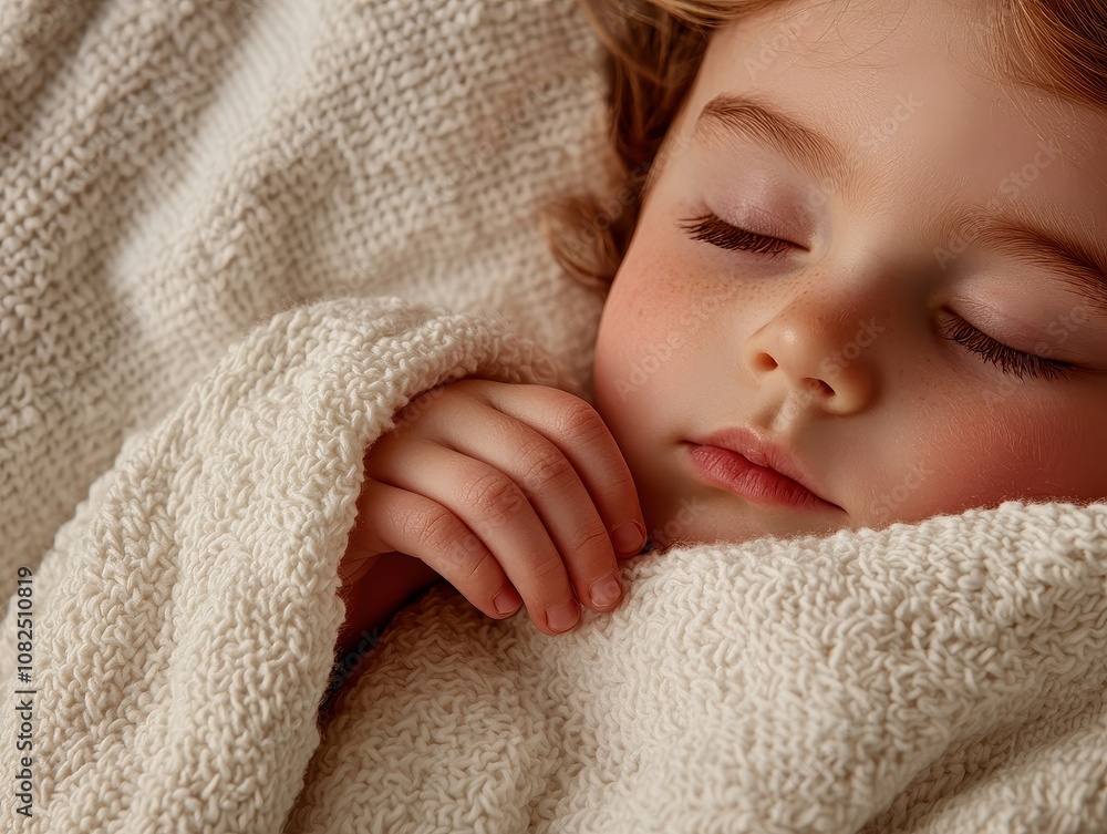 Close-up of a young child sleeping peacefully, wrapped in a soft knitted blanket, creating a warm and comforting scene of rest. Close-up of a young child sleeping peacefully, wrapped in a soft knitted blanket, creating a warm and comforting scene of rest.