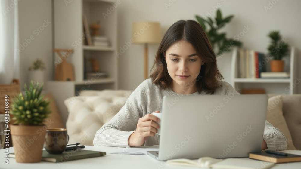 Focused young adult woman working on laptop at home, holding cup. Cozy workspace with plants and books in background creates warm atmosphere Focused young adult woman working on laptop at home, holding cup. Cozy workspace with plants and books in background creates warm atmosphere