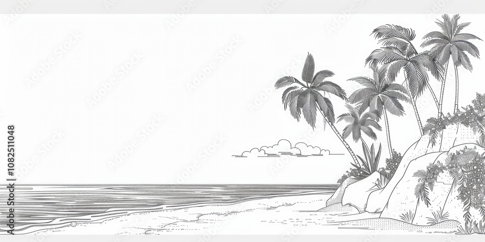 Drawing of a serene mountain landscape sea sand with trees Drawing of a serene mountain landscape sea sand with trees