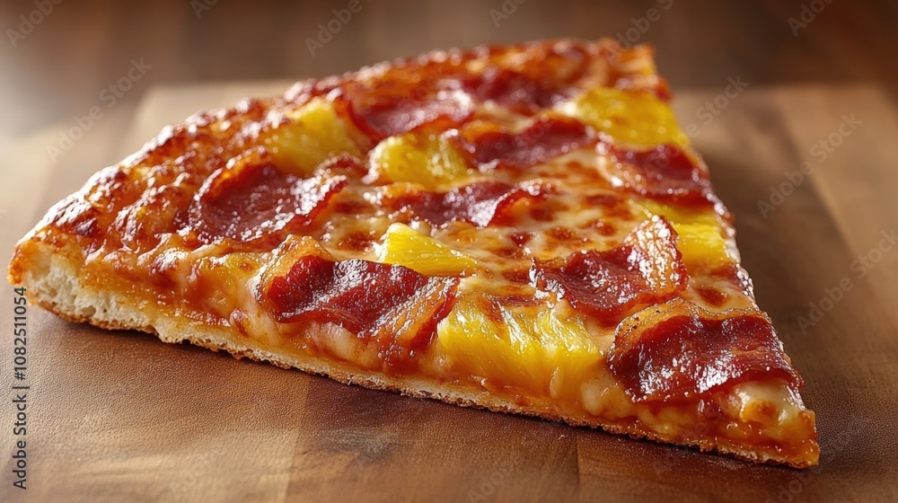 Delicious Slice of Pepperoni and Pineapple Pizza on Wooden Surface Delicious Slice of Pepperoni and Pineapple Pizza on Wooden Surface