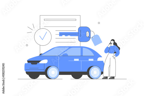 Auto insurance. Character buying or renting car and signing full coverage insurance policy. Car safety, assistance and protection concept. Flat Cartoon Vector Illustration, icon. Stylish