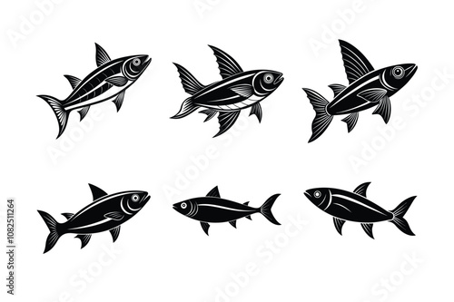sardine fish design, labeled linocut vector silhouette illustration.