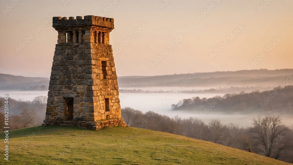 Scenic Ancient Stone Tower Overlooking a Tranquil Valley at Dawn with Mist Rising from the Hills and Soft Sunlight Bathing the Landscape Scenic Ancient Stone Tower Overlooking a Tranquil Valley at Dawn with Mist Rising from the Hills and Soft Sunlight Bathing the Landscape