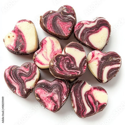 Assorted heart-shaped valrhona white and dark chocolate swirl on white background photo