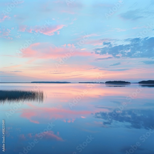 A serene sunset over a calm lake with pink clouds reflecting in the water.