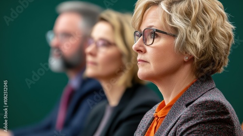 Three individuals seated in a formal setting, focused and engaged, showcasing a serious atmosphere and attentive demeanor.