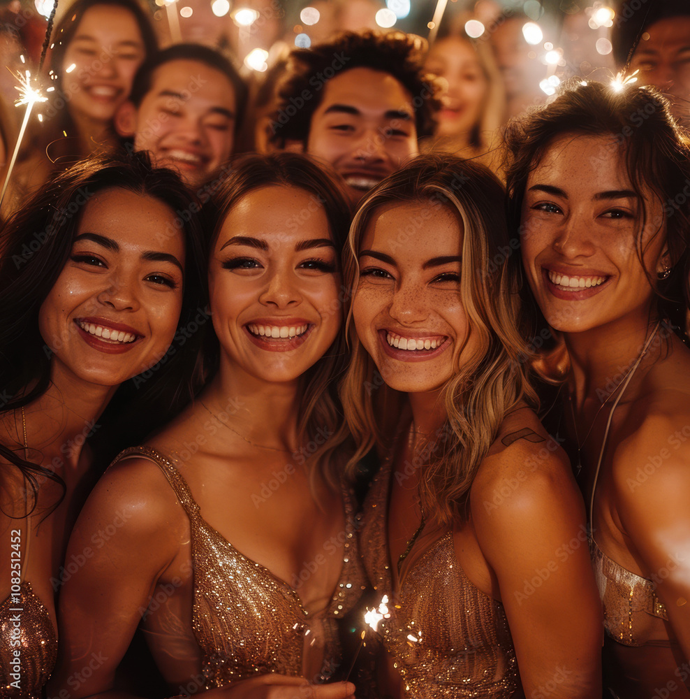 Obraz premium smiling friends of girls and boys at a New Year's party