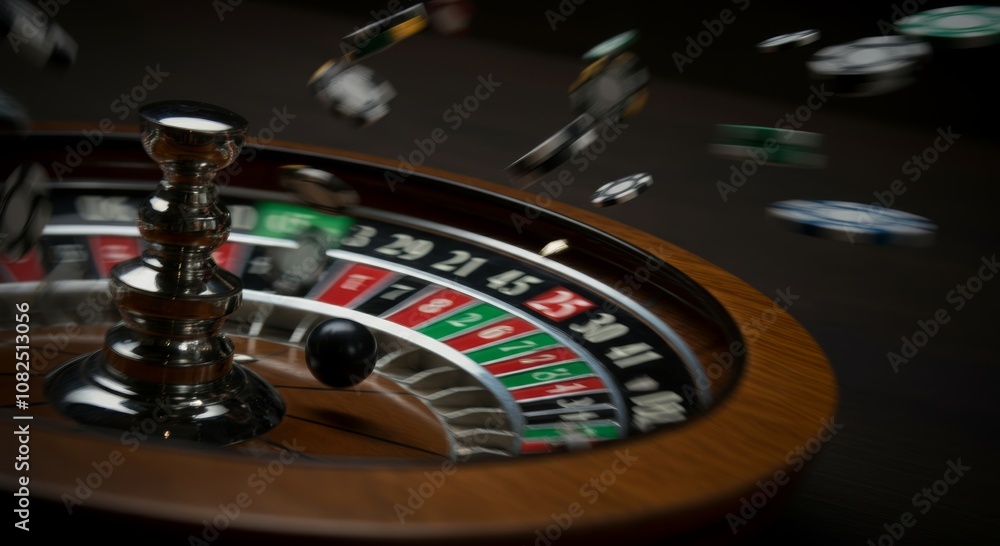 Obraz premium Spinning roulette wheel with flying casino chips in motion blur