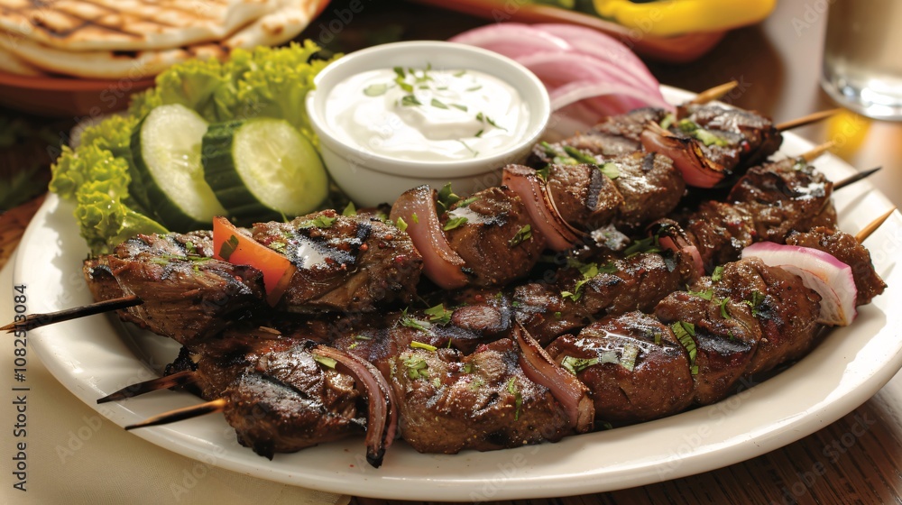 Delicious grilled meat skewers served on a plate with fresh vegetables creamy dip and other garnishes This mouthwatering dish is perfect for a summer barbecue picnic Delicious grilled meat skewers served on a plate with fresh vegetables creamy dip and other garnishes This mouthwatering dish is perfect for a summer barbecue picnic