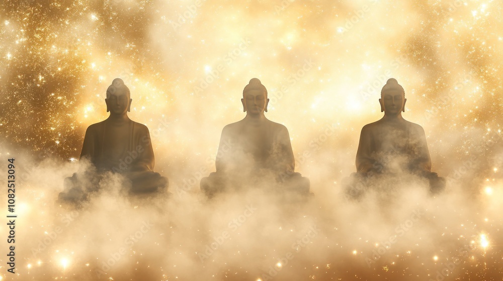 Three serene Buddha statues amidst a mystical, golden atmosphere and soft clouds. Three serene Buddha statues amidst a mystical, golden atmosphere and soft clouds.