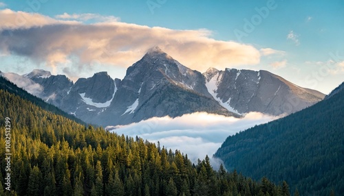 Snow-Capped Mountain Peaks Piercing Through the Clouds, With an Endless Stretch of Pine Forest Below, and a Clear Blue Sky Above, Creating a Majestic Alpine Scene