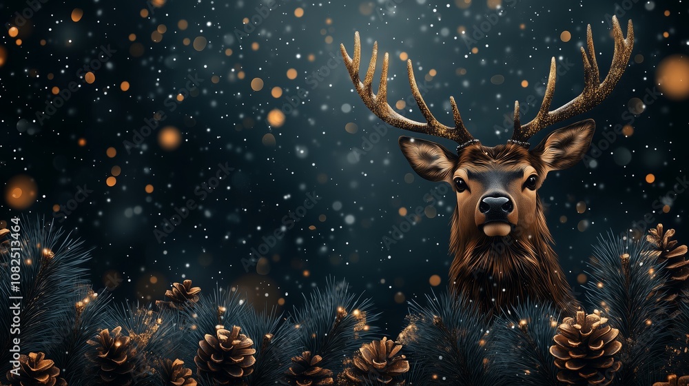 Stylish Christmas and Happy New Year banner template design with realistic green pine tree branches, golden deer, and snowflake decorations framing a dark background. Stylish Christmas and Happy New Year banner template design with realistic green pine tree branches, golden deer, and snowflake decorations framing a dark background.