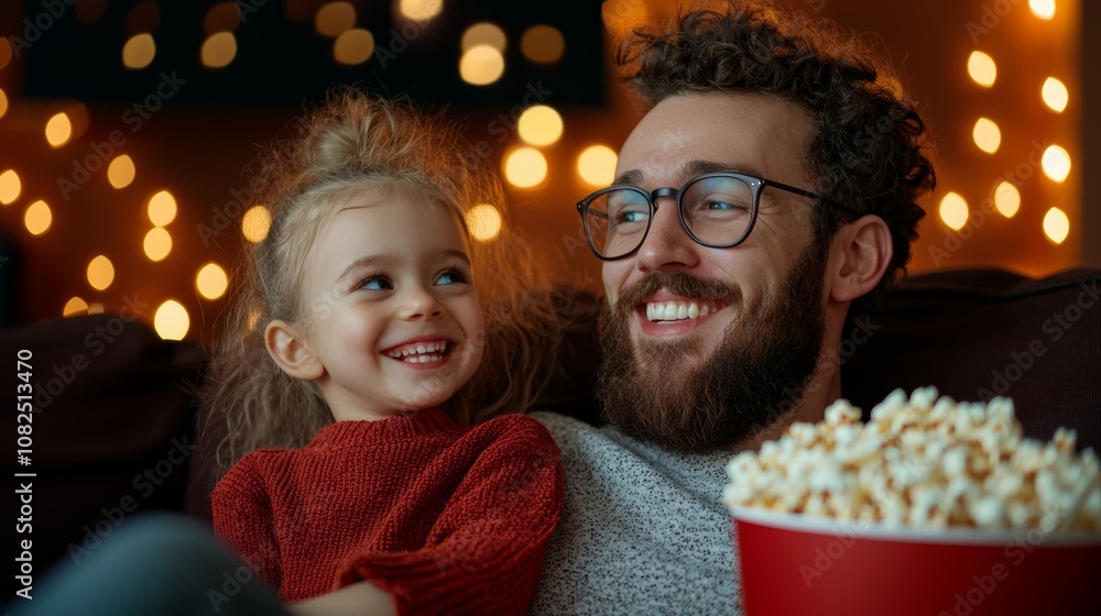 A joyful moment between a father and daughter enjoying a cozy movie night with popcorn and warm lights in the background. A joyful moment between a father and daughter enjoying a cozy movie night with popcorn and warm lights in the background.