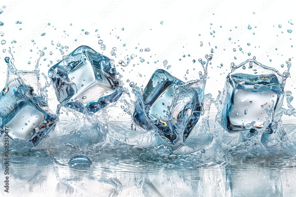 Water splashing around ice cubes on a white background, ultra-high resolution capturing textures and elegance, professional quality stock photo. Water splashing around ice cubes on a white background, ultra-high resolution capturing textures and elegance, professional quality stock photo.