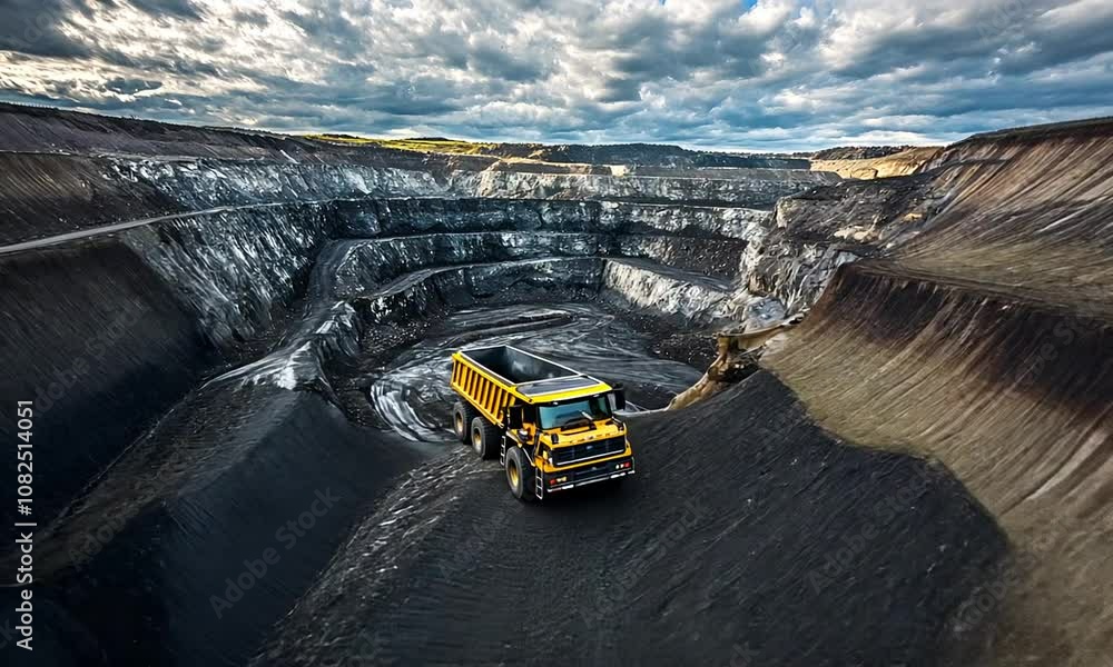 A large mining truck operates in a vast open-pit mine surrounded by rocky terrain. A large mining truck operates in a vast open-pit mine surrounded by rocky terrain.