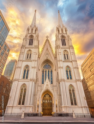 A majestic cathedral with twin spires, set against a vibrant sunset sky.