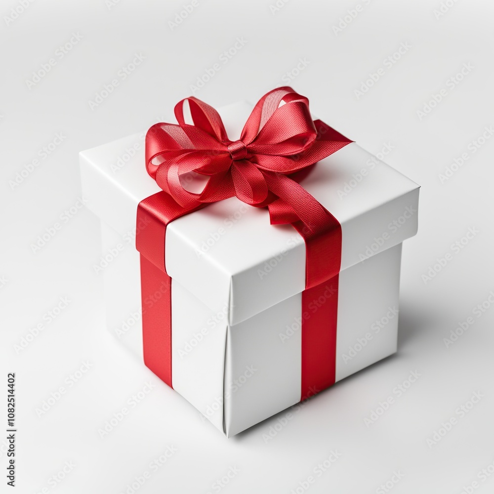 Fototapeta premium White gift box with red ribbon bow isolated on white background