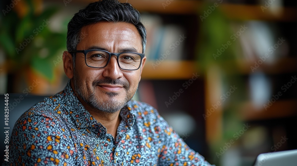 A smiling man in a colorful shirt sits at a desk with a laptop, surrounded by greenery. A smiling man in a colorful shirt sits at a desk with a laptop, surrounded by greenery.