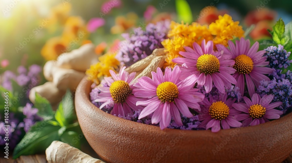 Colorful bowl of herbal flowers. Colorful bowl of herbal flowers.