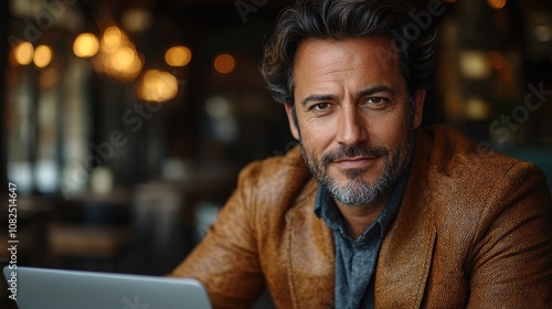 A man with a laptop in a cozy caf? setting, exuding confidence and focus.