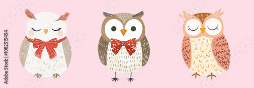 A digital illustration of three owls. The owl on the left is white with grey markings and a red bow. The middle owl is brown with white and black markings and a red bow photo