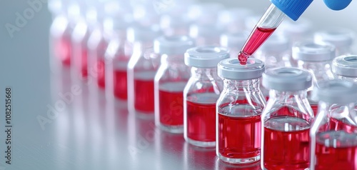 Blockchain Healthcare Trial concept. A series of laboratory vials filled with red liquid, as a pipette dispenses more liquid into one of the containers, highlighting a scientific or medical process.