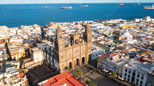 Aerial photo from drone to cityscape of Las Palmas , featuring the Cathedral of Santa Ana. Las Palmas de Gran Canaria, Canary Islands, Spain
