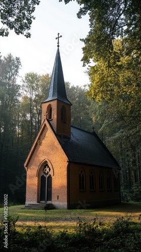 A quaint church nestled in a forest, illuminated by soft morning light.