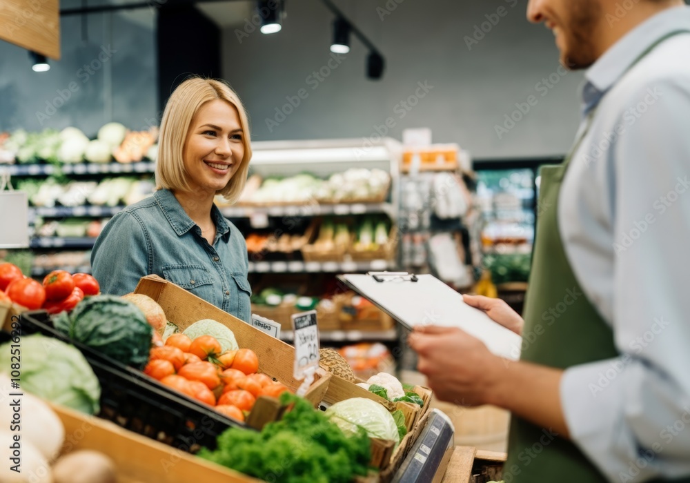 Smiling woman shopping for fresh produce at grocery store Smiling woman shopping for fresh produce at grocery store