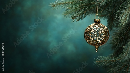 A single ornate gold Christmas ornament hangs from a pine branch against a teal background.