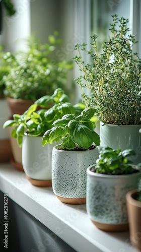 A collection of potted herbs.