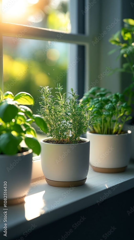 Potted herbs bathed in sunlight. Potted herbs bathed in sunlight.