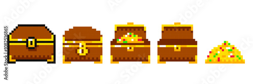 Ancient chest with gold and precious stones in pixel art style, wooden chest animation, 8 bit sprite. Open and closed chest full of jewels and empty.