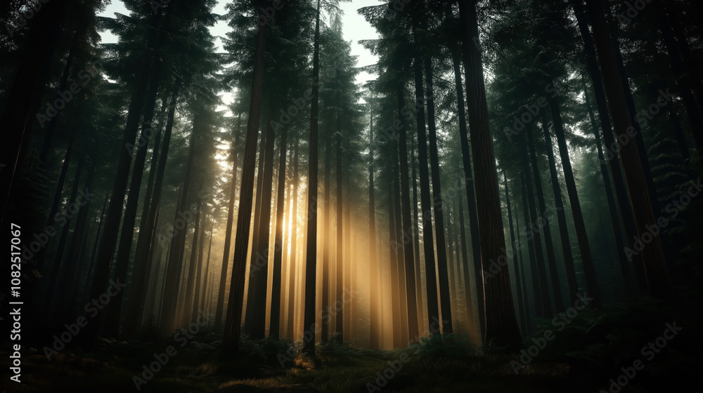 Naklejka premium Sunlight filtering through tall dense forest trees creates mystical ambiance with warm golden beams illuminating lush green foliage on forest floor.