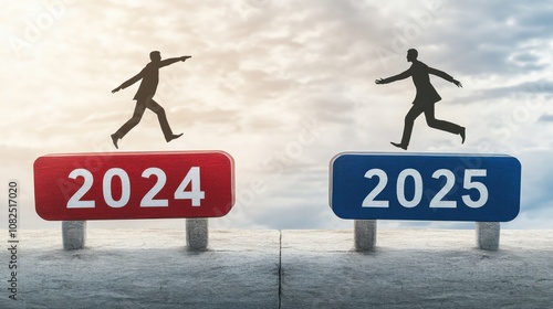 Leap into the future a person transitioning between 2024 and 2025 urban setting conceptual art dusk view change and growth