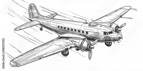 A sketch of a vintage airplane in flight, isolated on a white background