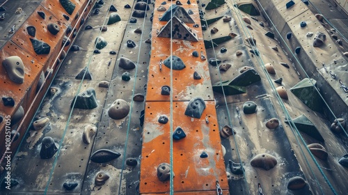 An adventurous rock climbing gym with climbing walls and safety harnesses, Climbers scaling artificial rock faces, Extreme sports style
