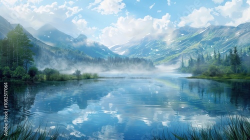 A serene mountain lake reflecting the blue sky and fluffy clouds with a light mist hovering over the surface of the water.