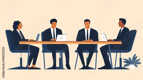 Four business professionals seated at a table, working on their laptops, engaged in a meeting or brainstorming session.