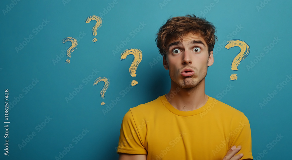 A man stands against a blue wall, looking confused as question marks surround his head A man stands against a blue wall, looking confused as question marks surround his head