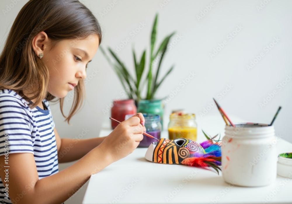 Young girl painting a colorful mask with brushes and paints on a white table Young girl painting a colorful mask with brushes and paints on a white table
