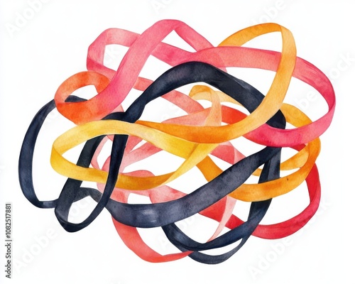 Colorful abstract ribbon shapes in a tangled arrangement on a white background.