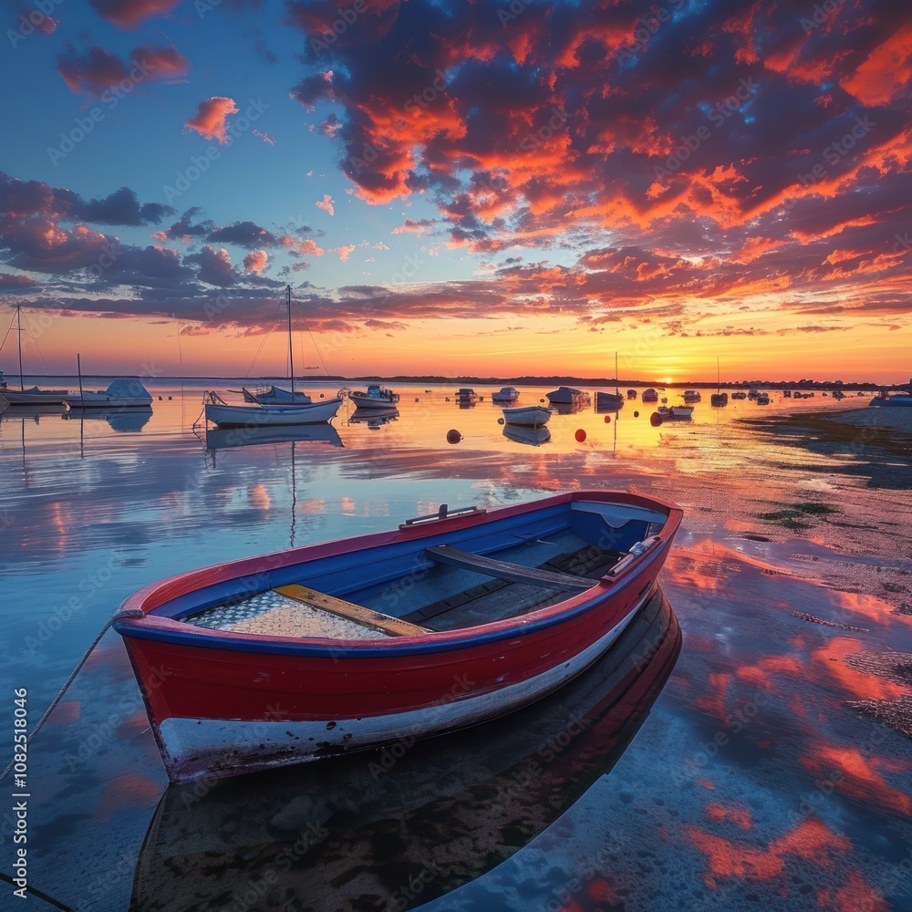 Fototapeta premium A red and blue rowboat sits in calm water at sunset, with the sun reflecting off the water and the clouds creating a dramatic sky.