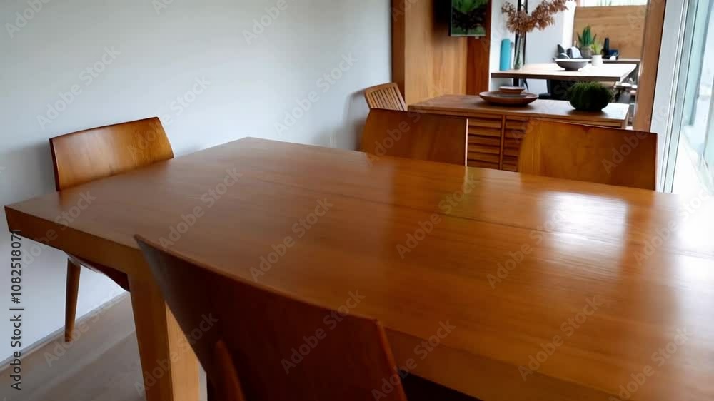Modern minimalistic wooden living room interior featuring a sleek dining table and simple, elegant decor. Modern minimalistic wooden living room interior featuring a sleek dining table and simple, elegant decor.