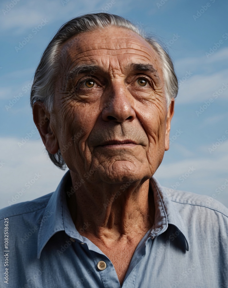 Portrait of an Elderly Italian Man with Dark Olive Skin Gazing Thoughtfully into the Sky, Capturing Wisdom and Experience in Natural Light Portrait of an Elderly Italian Man with Dark Olive Skin Gazing Thoughtfully into the Sky, Capturing Wisdom and Experience in Natural Light